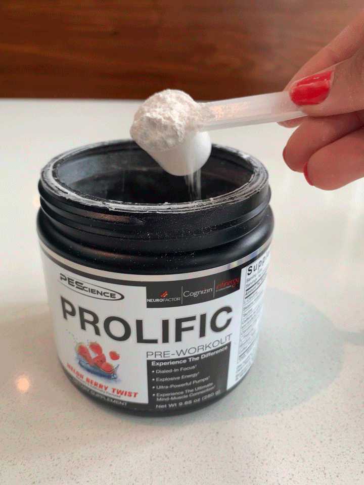 Pescience Prolific Pre work out melon berry powder scoop fitness girl clean caffeine energy