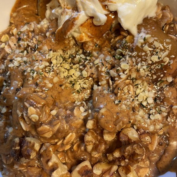 Chocolate Oat Yogurt Bowl Almond Butter Hemp Seeds Walnut model diet filling recipes