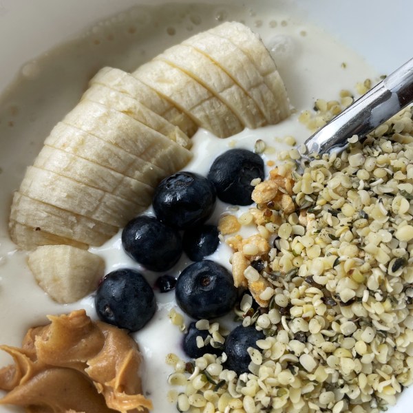 Banana Yogurt Bowl Peanut Butter Blue Berries Granola Model Diet clean eating aesthetic